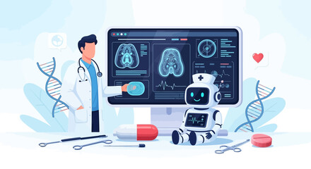 AI in healthcare showing doctor working with medical robot and advanced diagnostics