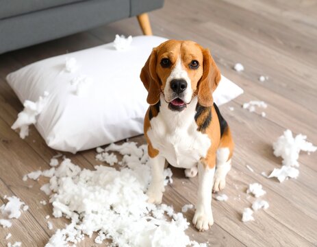 A guilty dog with "puppy eyes" sitting next to a mess. A funny and relatable story of pet mischief