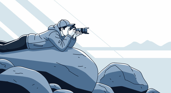 A photographer lies on the rocks taking nature shots in a minimalist illustration style showing artistic vision and dedication to the craft