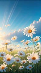 A vibrant field of white daisies under a bright blue sky, bathed in warm sunlight