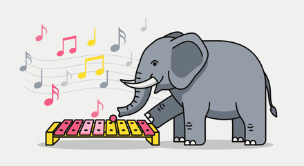Naklejka premium An adorable elephant plays a colorful xylophone with music notes floating around playfully creating a whimsical and cheerful scene