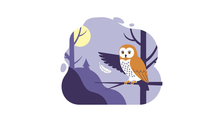 An enchanting illustration of an owl perched on a branch in a serene forest landscape during a full moon night