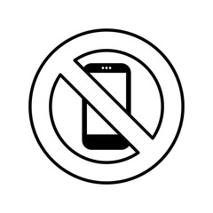 no cell phone sign vector icon. the design features a solid smartphone icon inside a minimalist outline circle and a diagonal line.