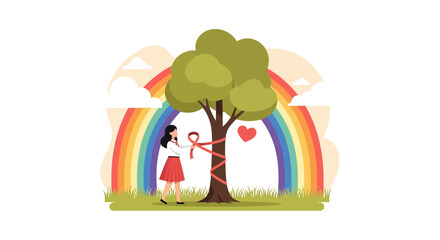 A symbolic illustration of hope and love, featuring a woman tying a ribbon around a tree in front of a rainbow