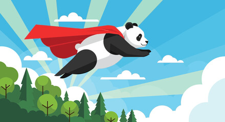 Fototapeta premium A vibrant cartoon image featuring a super panda flying through a cheerful skyscape over lush forests