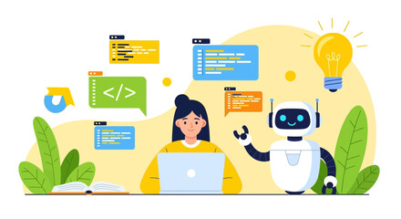 Artificial Intelligence Engineering Concept with Woman Coding and Robot Assisting