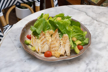 Fresh chicken and vegetable salad served on a plate