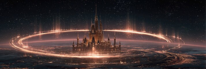 A majestic castle, illuminated by a glowing celestial ring, sits amidst a star-studded expanse.  The scene evokes fantasy and wonder