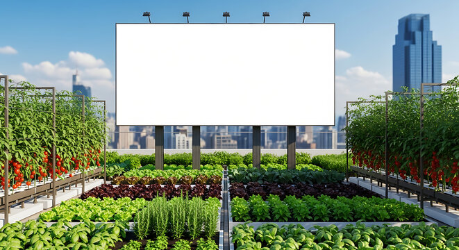 A blank white billboard standing in the middle of a lush, productive rooftop farm on top of a city building, with rows of vegetables and herbs growing around it