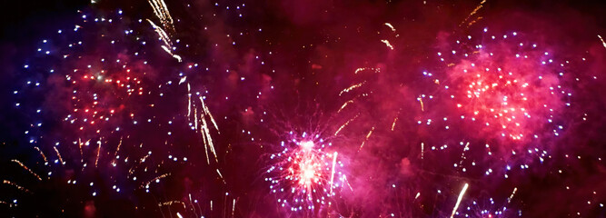 Banner Purple Firework celebrate anniversary happy new year 2025, 4th of july holiday festival. Banner Purple firework night time National holiday. Violet firework New year 2026 festival copy space