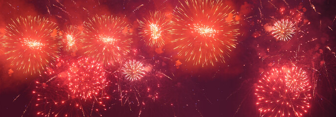 Banner Red Firework celebrate anniversary happy new year 2025 4th of july holiday festival. Banner red firework night time celebrate national holiday. Countdown new year 2025 festival with copy space