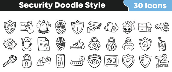 Set of 30 security doodle style icons with hand-drawn sketch design for cybersecurity, data protection, and privacy technology projects © Vectoravec