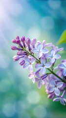 Fototapeta premium A closeup of a lilac branch with purple flowers blooming in the spring sunshine, soft and delicate