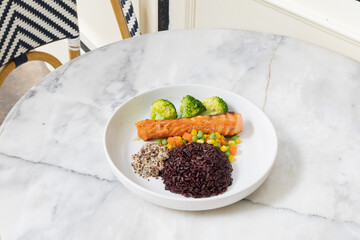 Healthy rice with vegetables and spices in a bowl