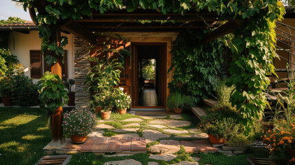 Obraz premium Charming entrance to home surrounded by lush greenery and vibrant flowers, featuring stone pathway leading to welcoming door. atmosphere is serene and inviting, perfect for relaxation