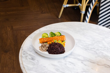 Healthy rice with vegetables and spices in a bowl