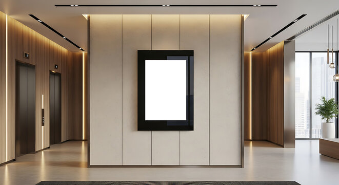 A blank, vertical digital screen on the wall in a modern elevator lobby of a high-rise office building