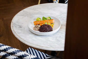 Healthy rice with vegetables and spices in a bowl