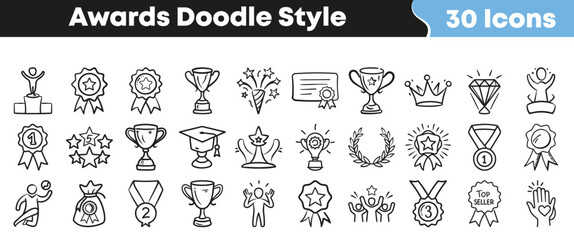 Awards doodle style icon set with trophies, medals, ribbons, crowns, certificates, diamonds, laurels, stars, and celebration sketches © Vectoravec