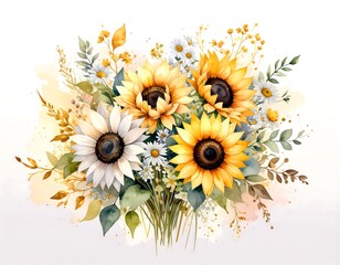 Watercolor floral bouquet with sunflowers and daisies