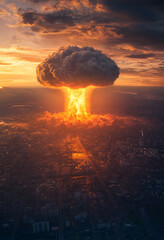 A powerful nuclear mushroom cloud rises from an urban area at sunset, casting a fiery glow over the city and its surroundings.
