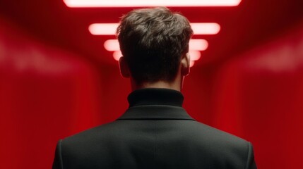 Man in black suit and turtleneck walking down a brightly lit red corridor