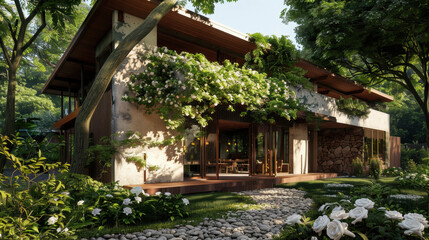 Obraz premium Modern house surrounded by lush greenery and blooming flowers, featuring unique architectural design with large windows and wooden facade. serene environment enhances beauty of structure