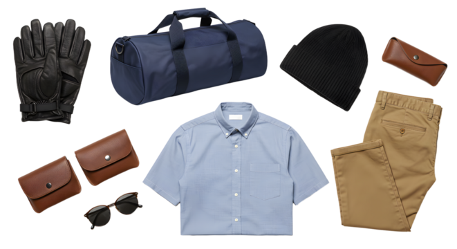 LIFESTYLE - Casual men's outfit flat lay with blue button-up shirt, khaki pants, black gloves, navy gym bag, black beanie, sunglasses, and brown leather wallets and key holder