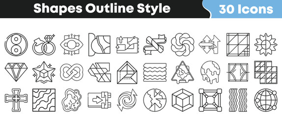 Geometric shapes outline style icon set with abstract, polygon, 3D, pattern, and decorative symbols for design and illustration