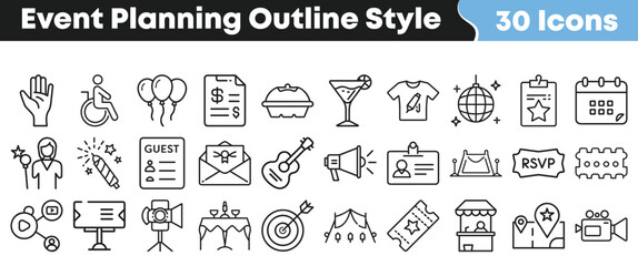 Event planning outline style icon set for party, celebration, festival, and corporate gathering design projects