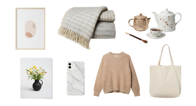 LIFESTYLE - Cozy Autumn Essentials Flat Lay with Sweater, Blanket, Tote Bag, Teapot Set, and Modern Art Prints on White Background - Powered by Adobe