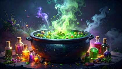 Mystical cauldron bubbles with glowing potion, surrounded by enchanted herbs and elixirs, creating magical atmosphere.