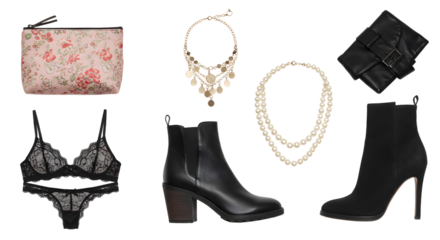 LIFESTYLE - Fashion accessories flat lay with black heeled boots, lace lingerie set, gold jewelry, floral cosmetic bag, and black purse on white background