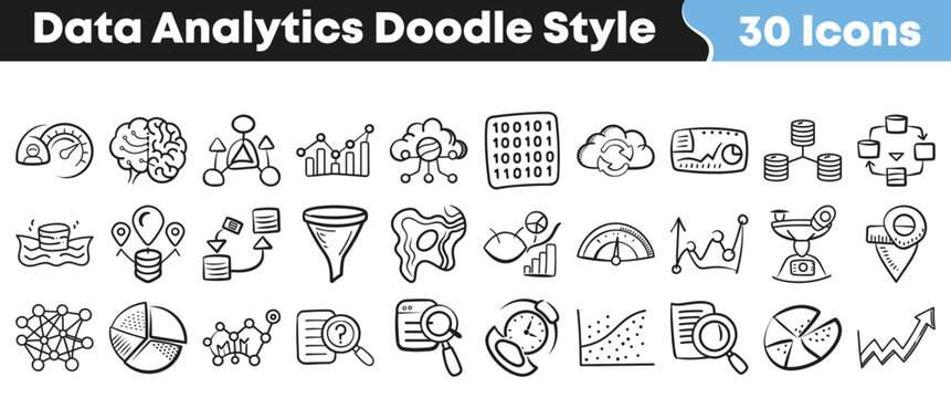 Set of 30 data analytics doodle style icons with charts, graphs, cloud computing, AI, and big data visualization elements