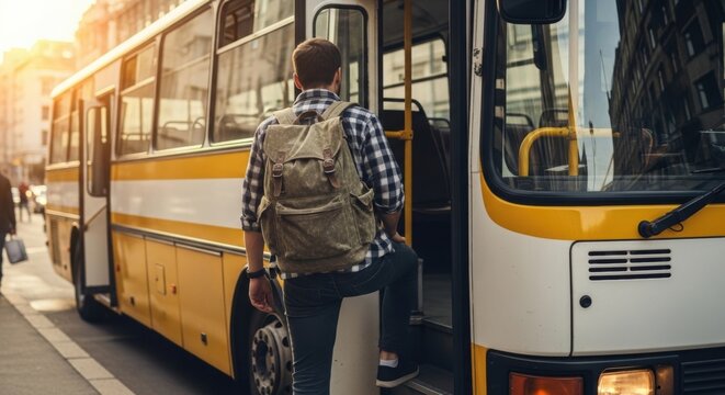 City Commute at Sunset: Man with Canvas Backpack Boards a Yellow Public Bus - Powered by Adobe