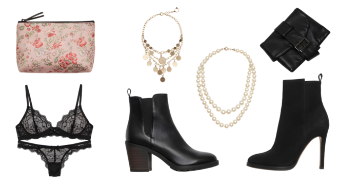 LIFESTYLE - Fashion accessories flat lay with black heeled boots, lace lingerie set, gold jewelry, floral cosmetic bag, and black purse on white background