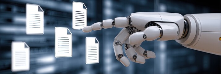Robotic arm interacting with digital document files in a server room