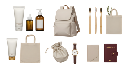 LIFESTYLE - Flat lay of eco-friendly travel essentials including reusable bottles, canvas bags, bamboo toothbrushes, watch, passport, and backpack on white background
