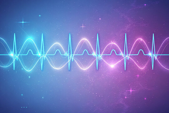 Pulse of the universe, this vibrant digital artwork blends glowing waveforms with cosmic elements, symbolizing the rhythm of life, sound, and energy across a galactic spectrum. Ideal for technology, 