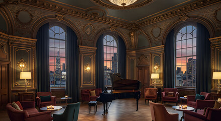 An opulent classicalstyle lounge with a grand piano plush velvet seating and large arched windows revealing a modern city skyline at sunset.