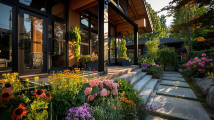 Beautiful modern house surrounded by vibrant flowers and lush greenery, featuring welcoming entrance with stone pathways and large windows that invite natural light. scene evokes sense