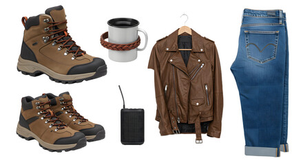 LIFESTYLE - Men's casual outdoor outfit including hiking boots, brown leather jacket, blue jeans, coffee mug, and black portable speaker on white background