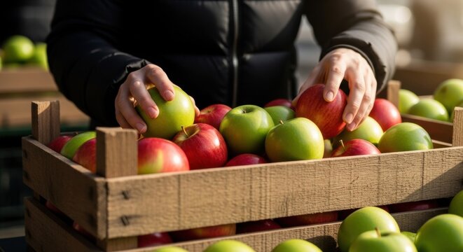 Hands selecting vibrant red and green apples from rustic wooden crates, showcasing fresh harvest bounty