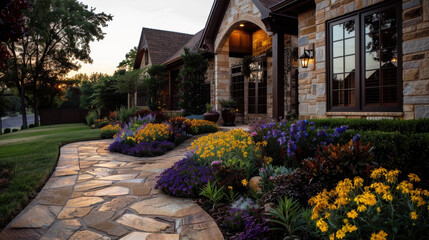 Obraz premium Beautifully landscaped pathway leads to charming home, surrounded by vibrant flowers and lush greenery. warm glow of evening light enhances inviting atmosphere of this picturesque setting