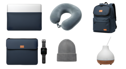 LIFESTYLE - Modern travel essentials set with navy blue laptop sleeve, backpack, smartwatch, gray neck pillow, knit beanie, and white aroma diffuser on white background