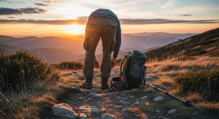 Solitary Hiker Pauses on a Rocky Mountain Trail at Golden Sunset