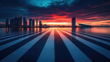Urban sunrise over water, striped pavement
