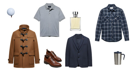 Naklejka premium LIFESTYLE - Stylish male outfit collection including brown duffle coat, grey polo shirt, blue plaid shirt, navy blazer, brown leather shoes, perfume bottle, and stainless steel travel mug