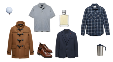 LIFESTYLE - Stylish male outfit collection including brown duffle coat, grey polo shirt, blue plaid shirt, navy blazer, brown leather shoes, perfume bottle, and stainless steel travel mug