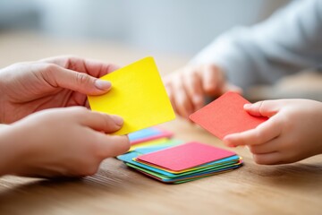 A playful interaction between an adult and a child exchanging colorful cards at a wooden table